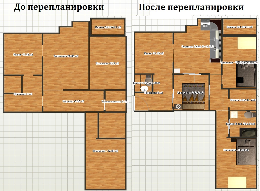 Перепланировка 3-х комнатной квартиры серии И-155н